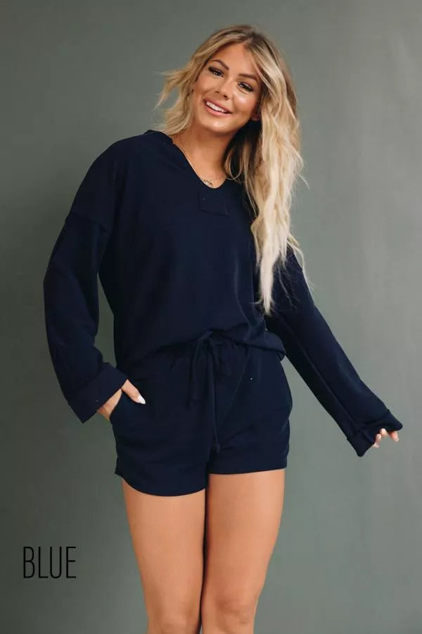 Navy long-sleeve loungewear set with V-neck top and drawstring waist shorts