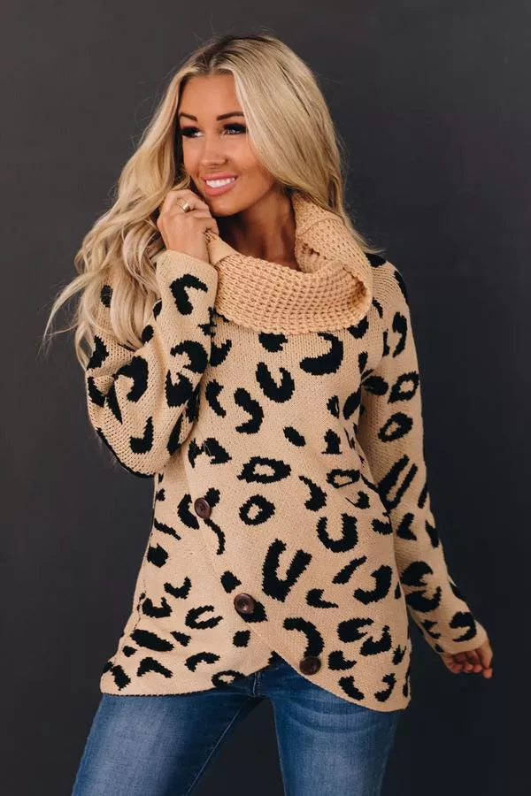 Leopard knit sweater with chunky cowl neck, khaki base with black spots