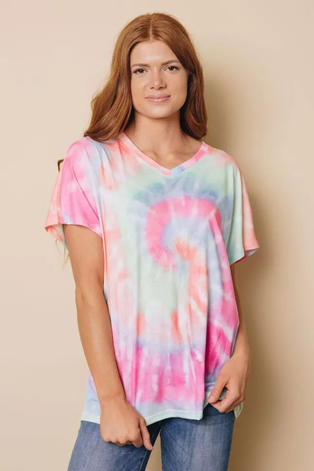 Pastel tie-dye V-neck t-shirt with pink and light-blue swirl, short sleeves