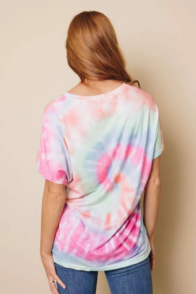 Pastel tie-dye V-neck t-shirt, back view, pink and light-blue swirl