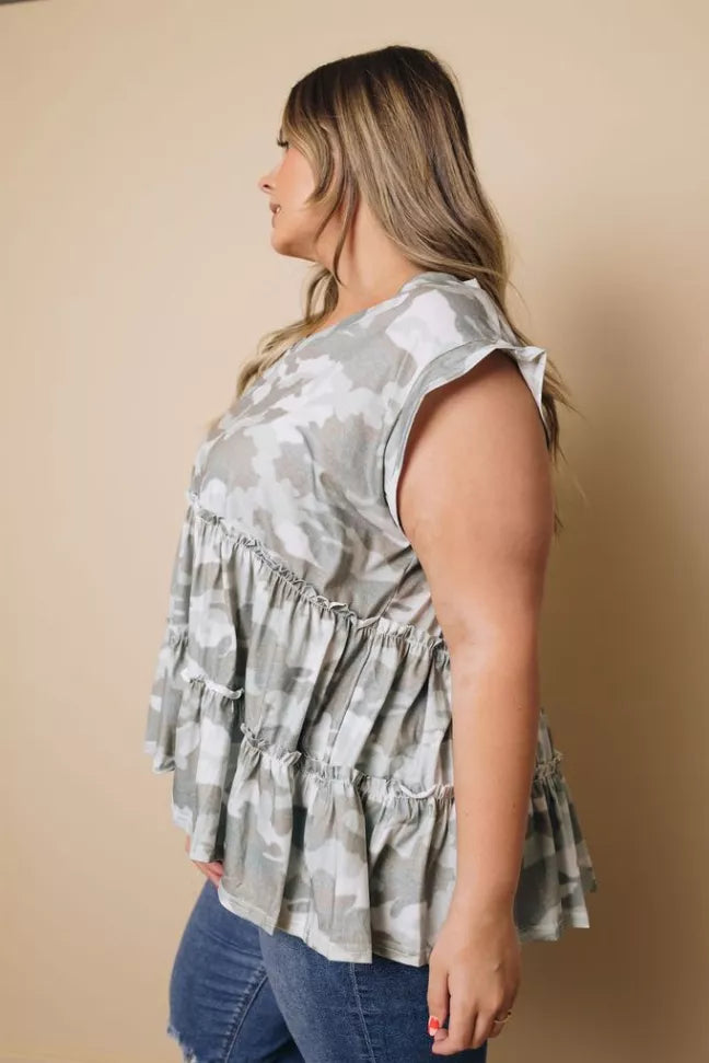 Camouflage babydoll tank top with tiered ruffles and gathered waist, sleeveless