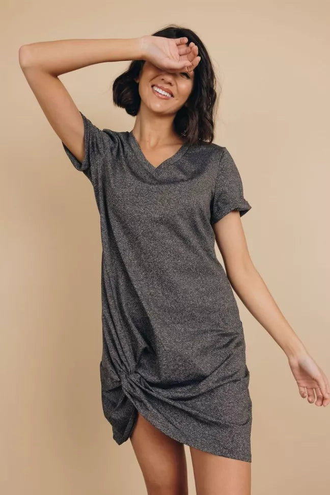 Dark gray knotted mini dress, V-neck, short sleeves, draped front