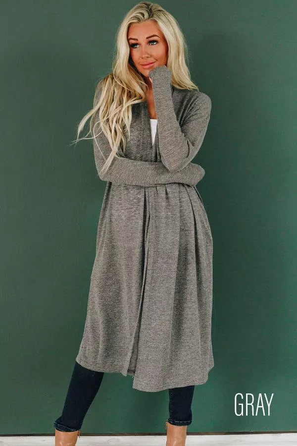 Gray slouchy knit cardigan with open front, long sleeves, tie waist