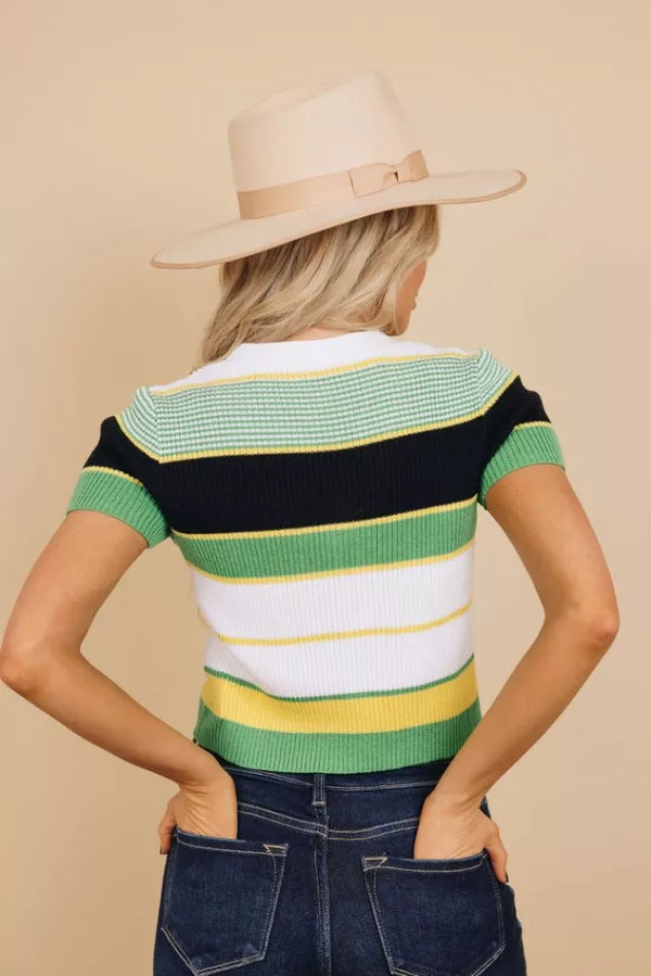 Striped knit crop top back view in green, white, yellow, and black panels