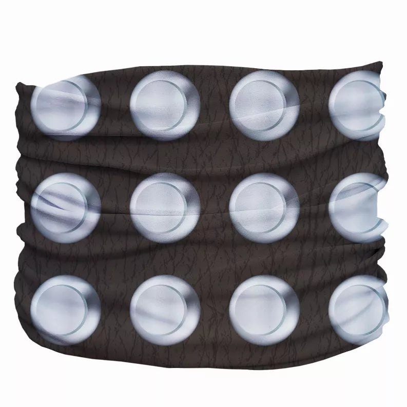 Dark brown pet bandana with light blue round stud accents arranged in grid