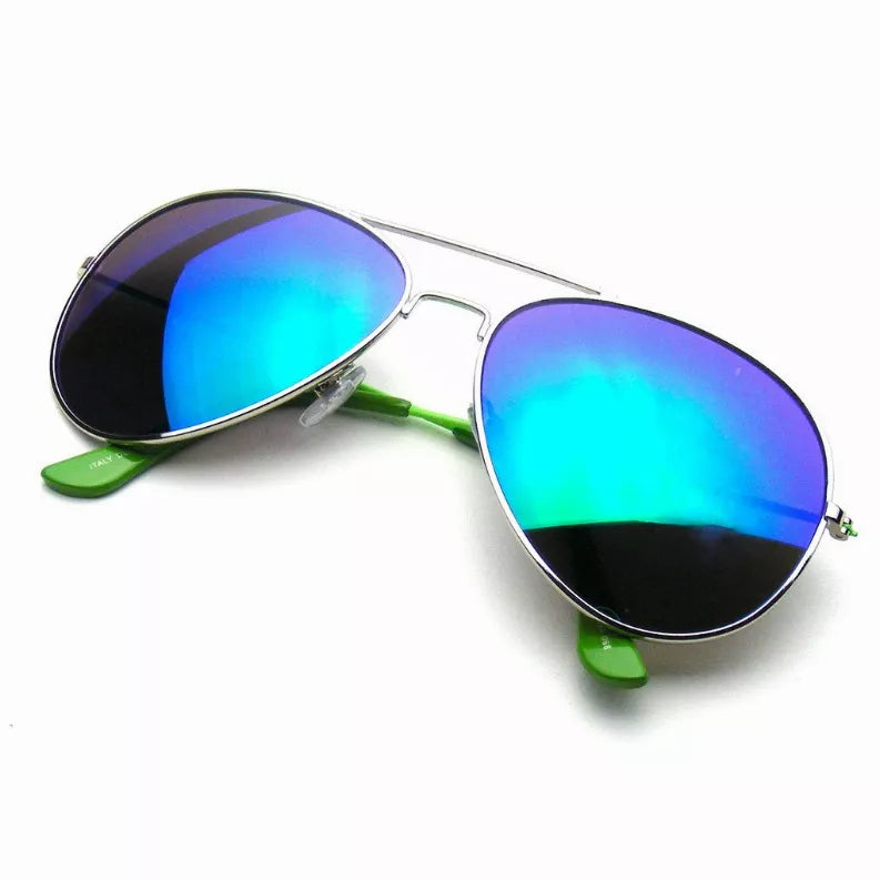 Mirrored aviator sunglasses with blue reflective lenses and silver frame, green temple tips