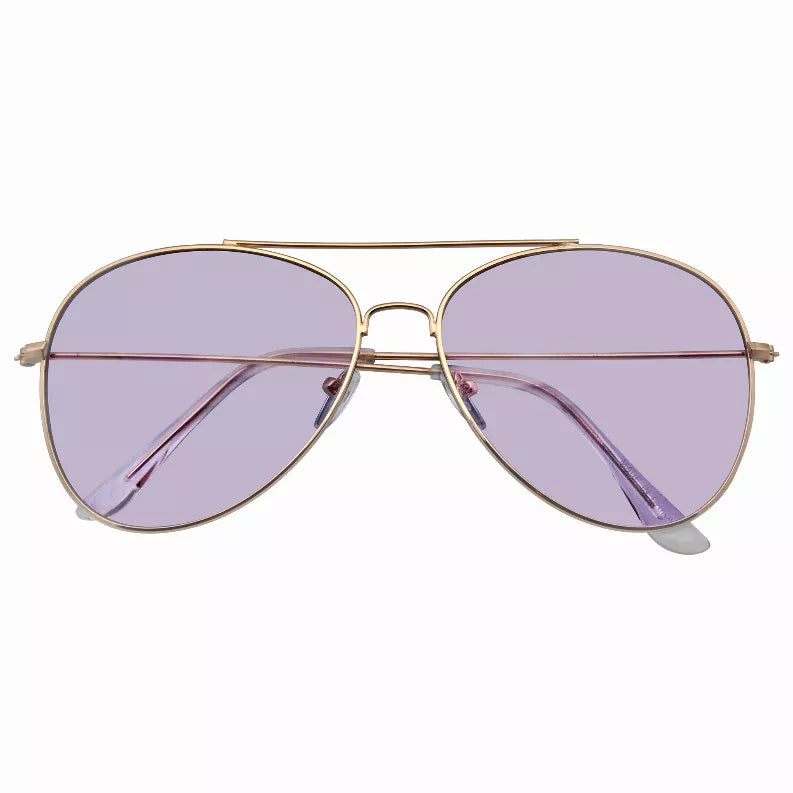 Gold retro sunglasses with purple tinted lenses and thin metal frame, rounded lenses