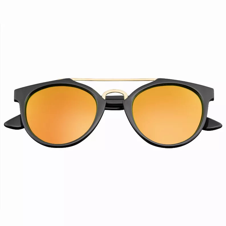 Vintage sunglasses, black horn-rim frame with orange flash mirror lenses, front view