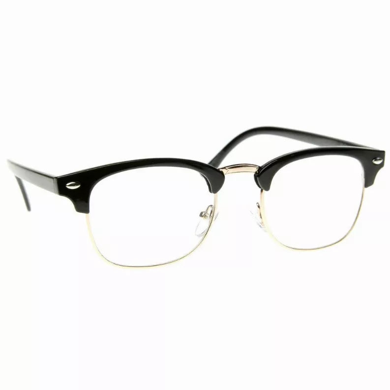 Black half-frame glasses with clear lenses and round oval shape, metal nose bridge.