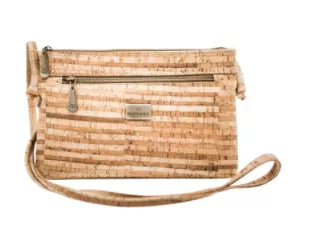 Cork crossbody bag with woven cork stripes, top zipper, and adjustable shoulder strap