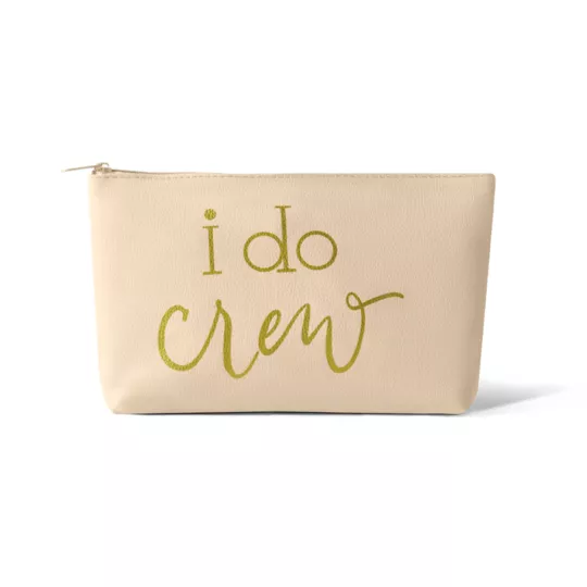 Bride bridesmaid faux leather makeup bag, cream with green "I do" and zipper