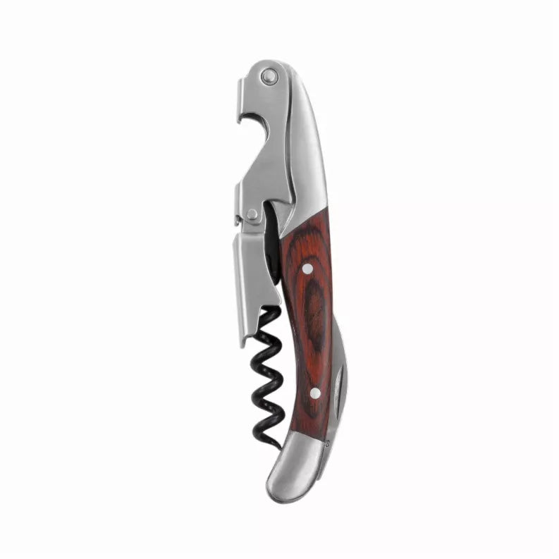 Double-hinged corkscrew by Twine with red-brown wooden handle