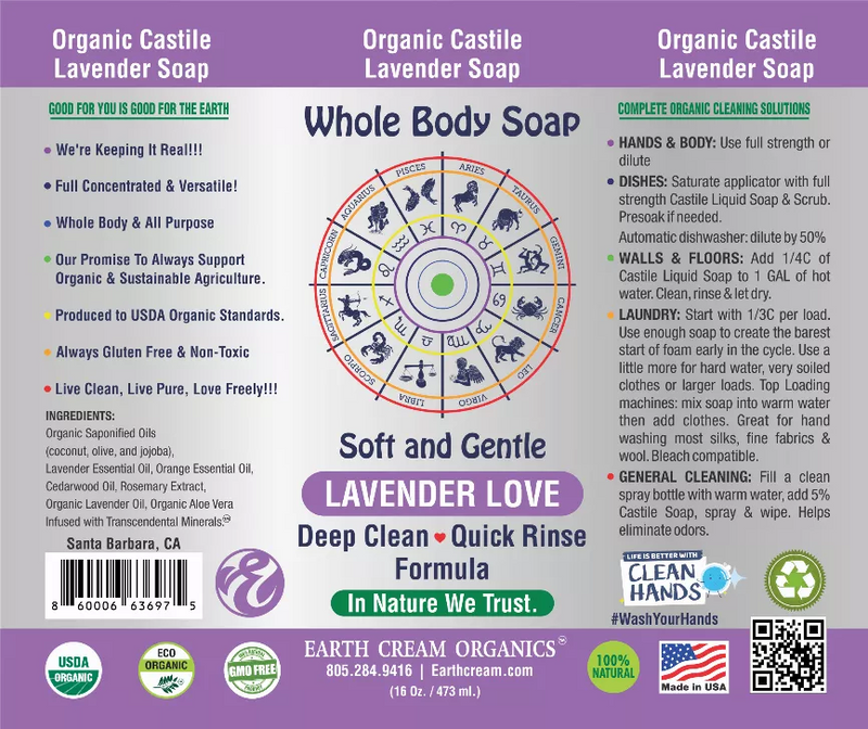 Lavender whole body soap label: soft and gentle, deep clean quick rinse