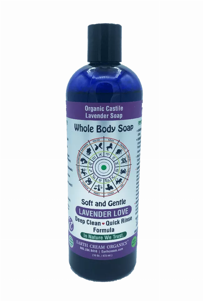 Organic castile liquid soap bottle, lavender, black cap, whole body soap front