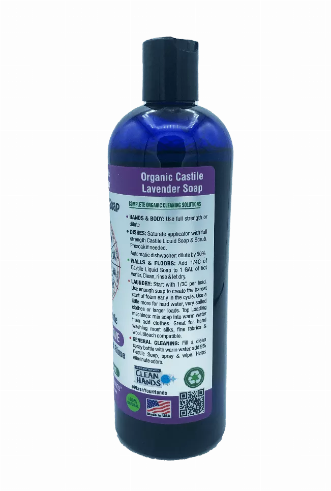 Organic castile liquid soap bottle, lavender back label with usage directions