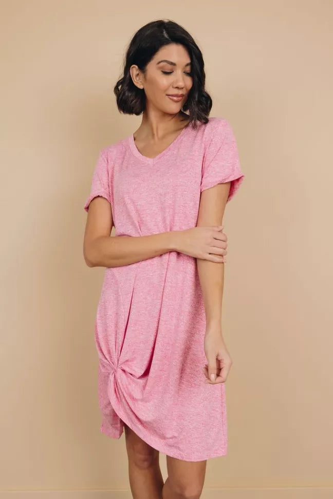 Pink knotted mini dress with short sleeves and front knot detail