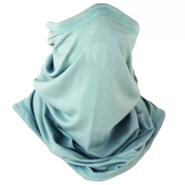 Seafoam green neck gaiter, folded drape multi-use face covering with soft stretch.