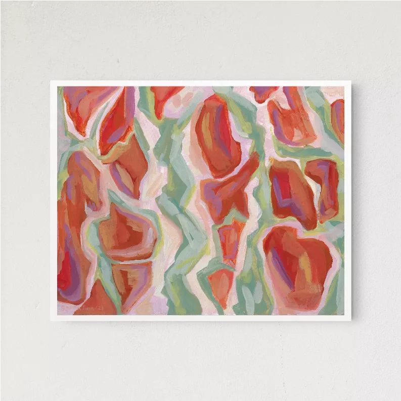 Wood-framed abstract wall art print with red, teal, and orange swirled shapes