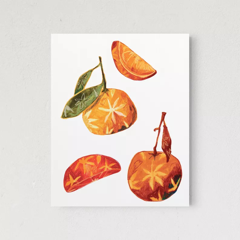 Square orange and star-anise still-life art print with whole fruit and sliced segments