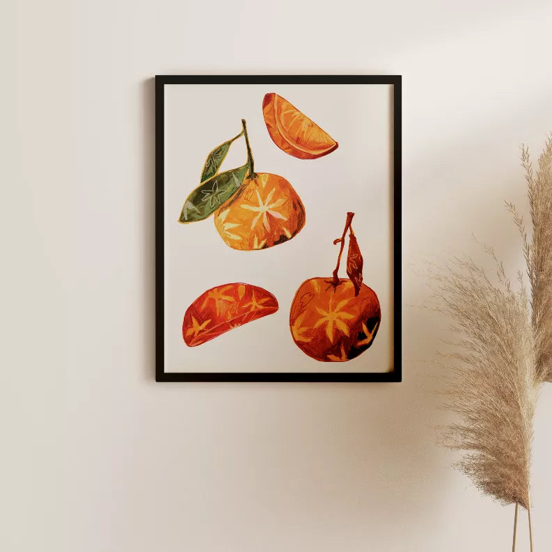 Black-framed oranges and star-anise pods print with whole fruit, slices, and leaves