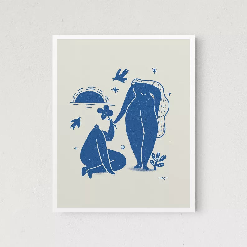 White-matted art print with blue couple illustration, seated figure facing tall woman
