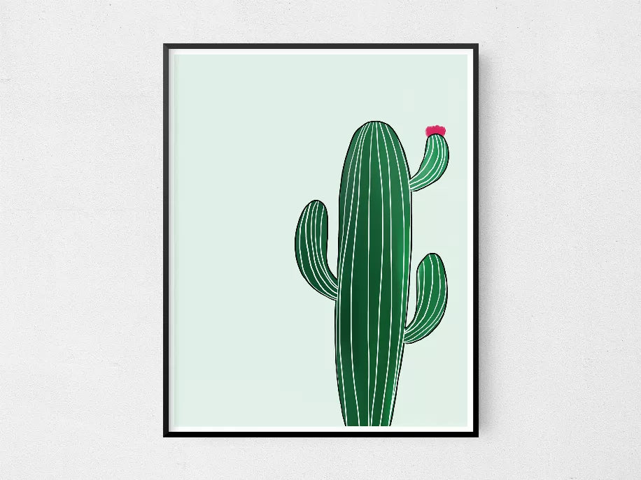 Framed cactus wall art print with green striped cactus and small pink flower