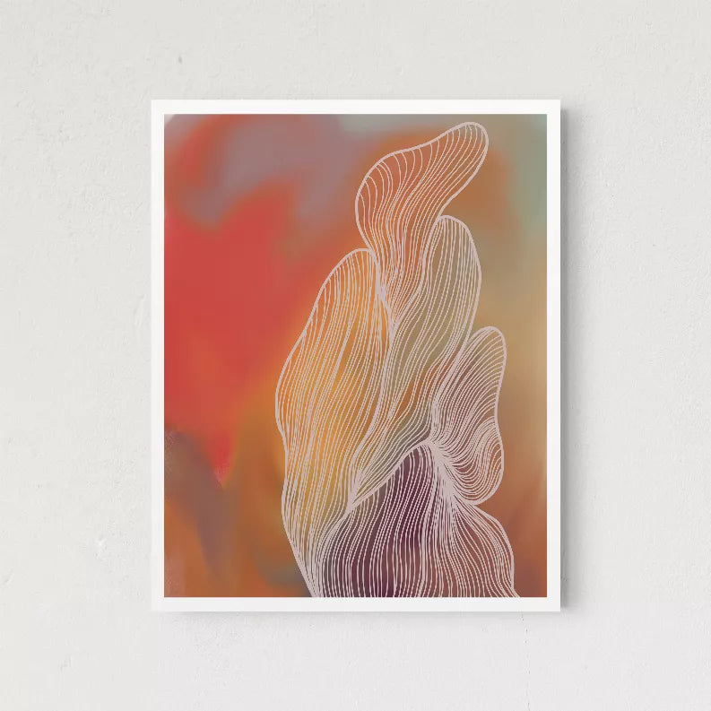 Framed abstract art print with flowing contour lines in orange and purple gradient.