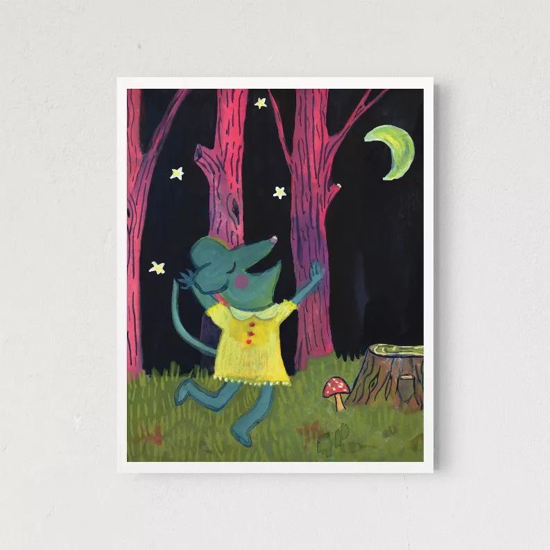 Framed moonlit dance artwork with dancing hare under crescent moon and trees