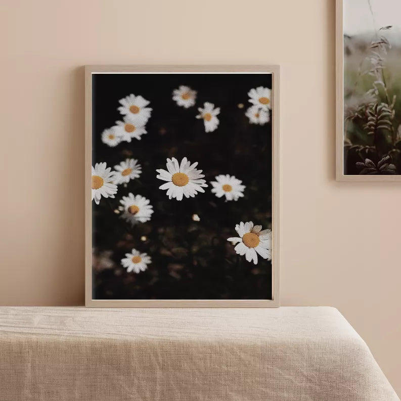 Wood-framed daisy floral art print with white petals and yellow centers on dark background.