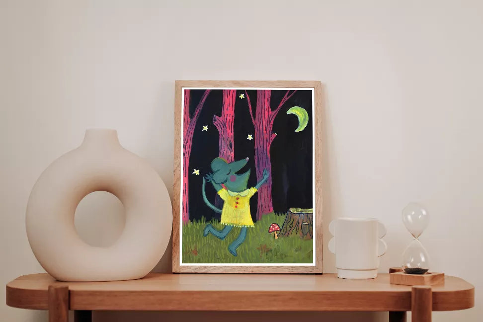 Framed wall art print featuring a dancing teal rabbit with moon and stars