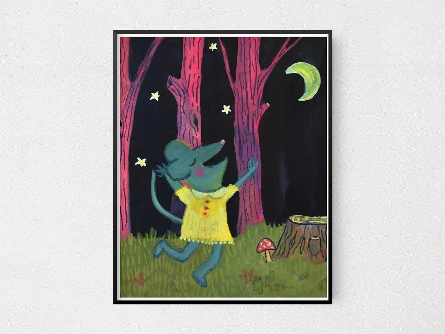 Framed wall art print of a dancing teal rabbit with stars, trees, and a crescent moon