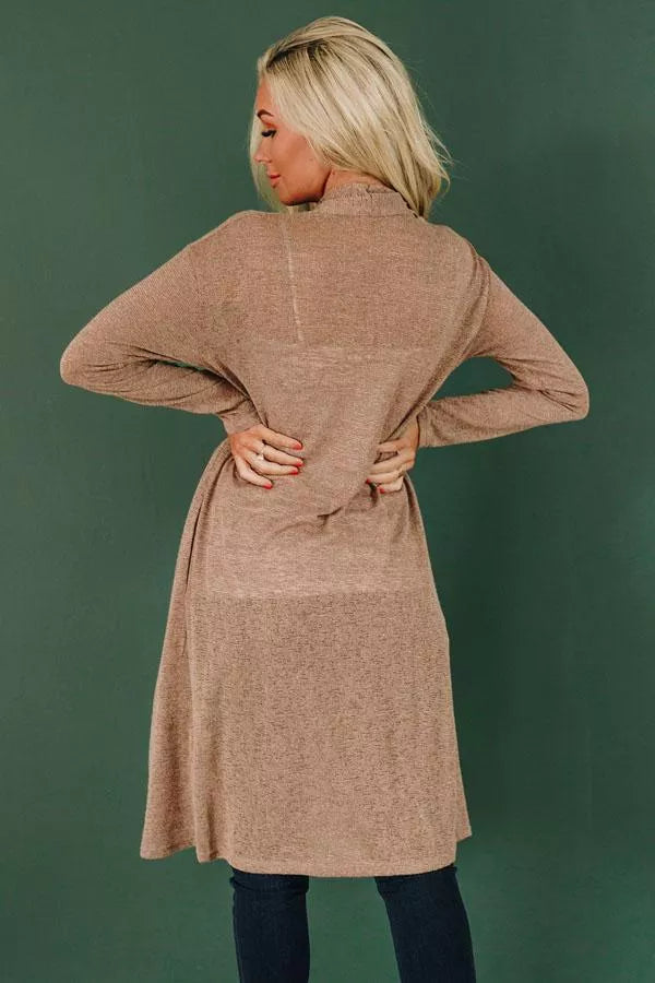 Women's knit cardigan, taupe-brown with open front and draped back view