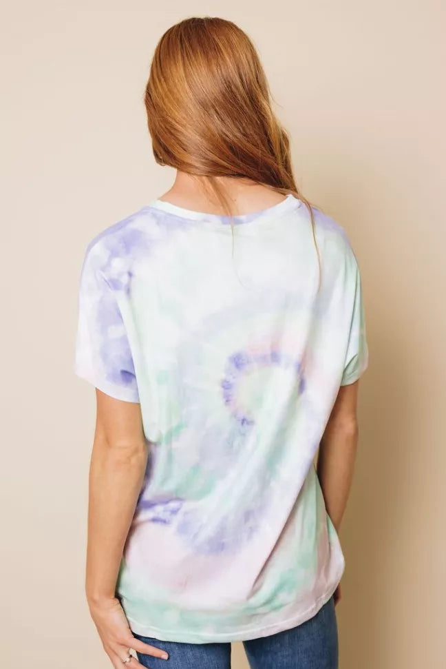 Pastel tie-dye t-shirt with low scoop back, purple and mint swirl pattern
