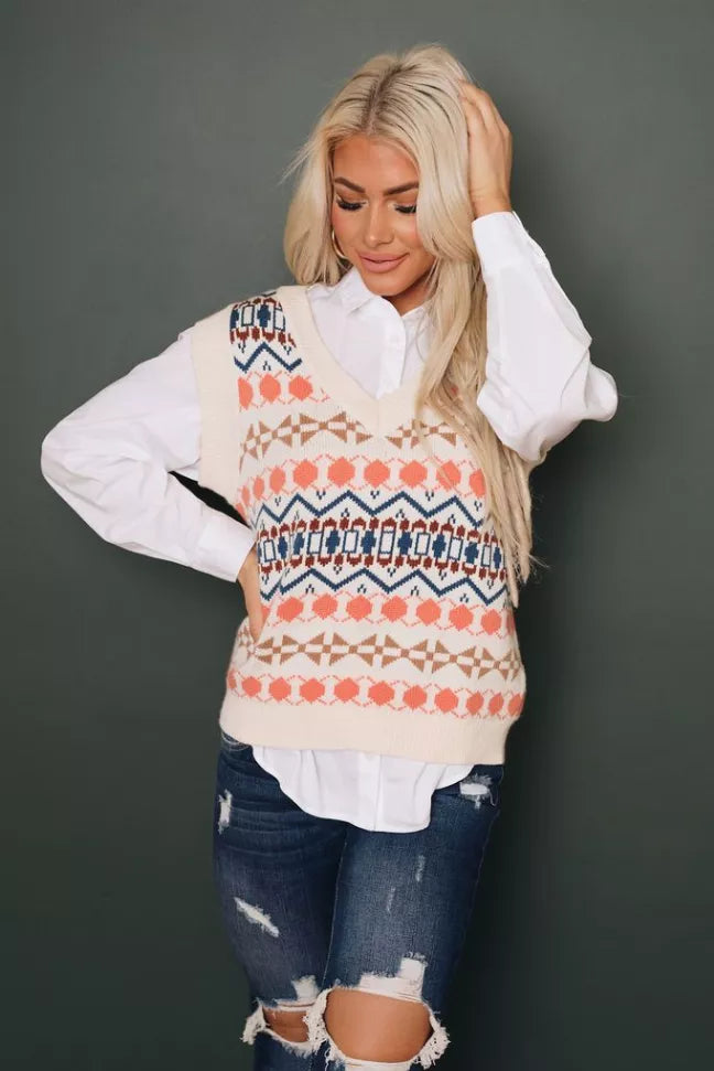 Tribal geometric knitted vest, sleeveless cream knit with coral and navy pattern