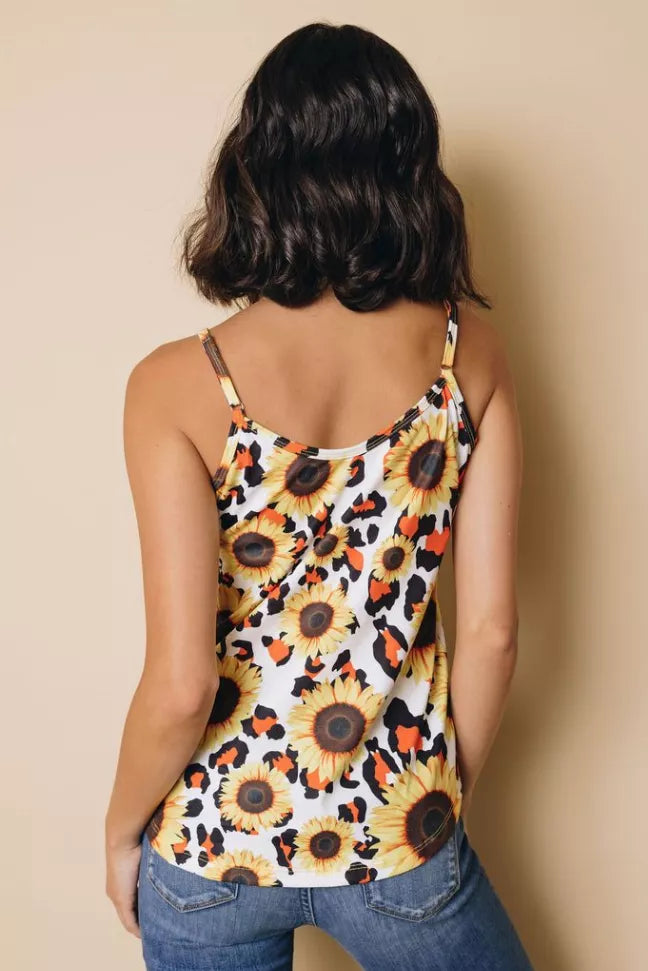 Sunflower print camisole tank top, racerback style with thin adjustable straps