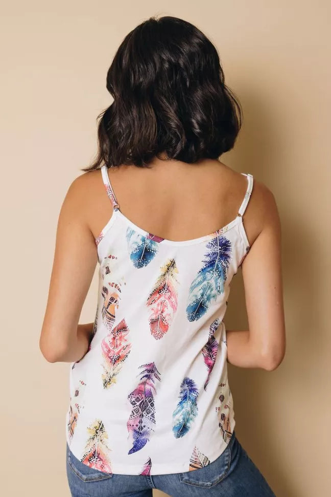 White feather-print V-back tank top with thin adjustable straps