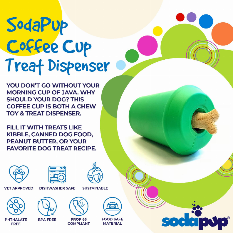 Green coffee-cup chew and treat dispenser toy with treat in side opening