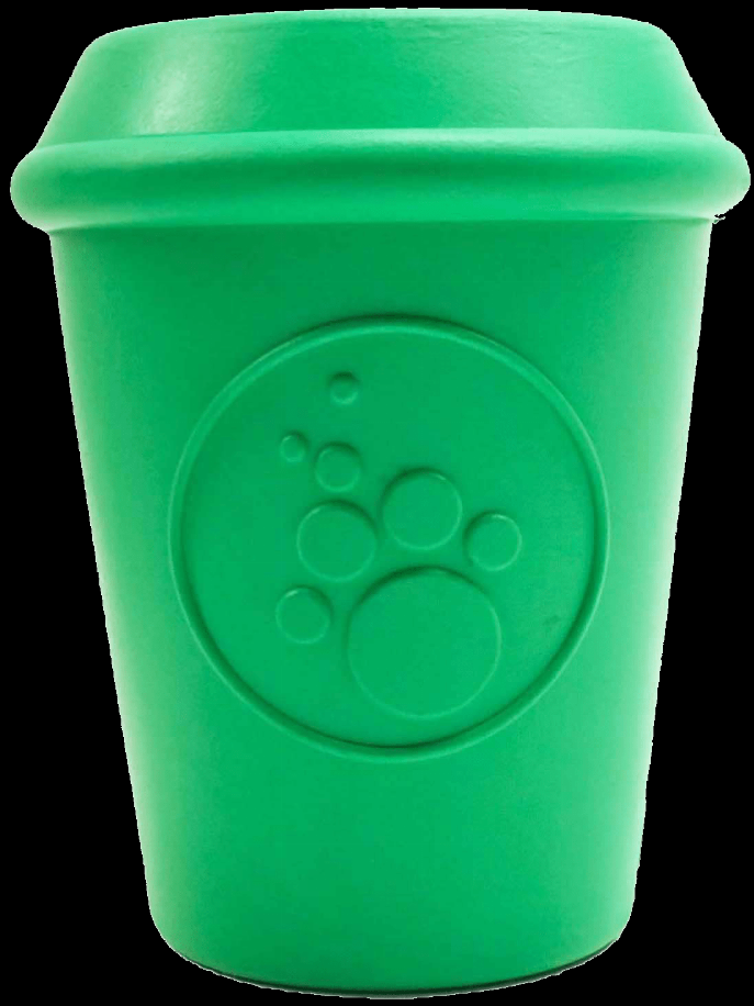 Green rubber coffee-cup chew and treat dispenser with embossed paw logo
