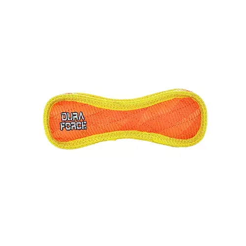 Junior bone-shaped chew toy in orange and yellow with DuraForce logo