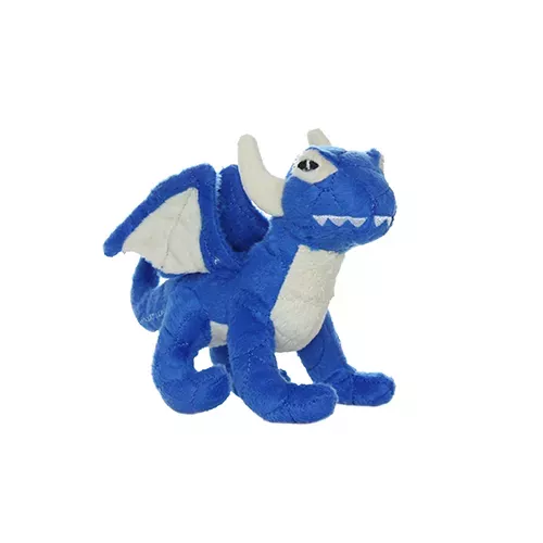 Blue junior dragon plush toy with wings, cream belly, red eyes, and open mouth
