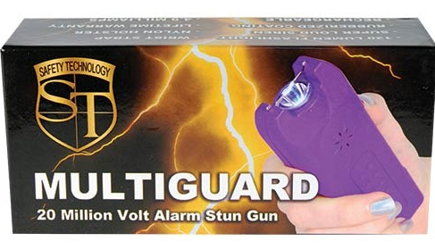 Multiguard alarm stun gun with flashlight, purple body, retail box packaging