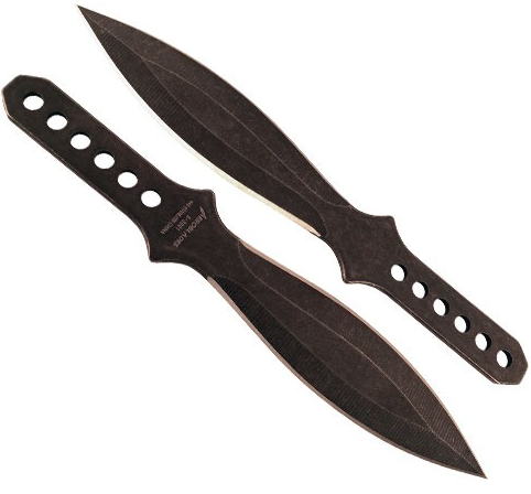 2-piece black throwing knife set with dual pointed blades and circular handle holes