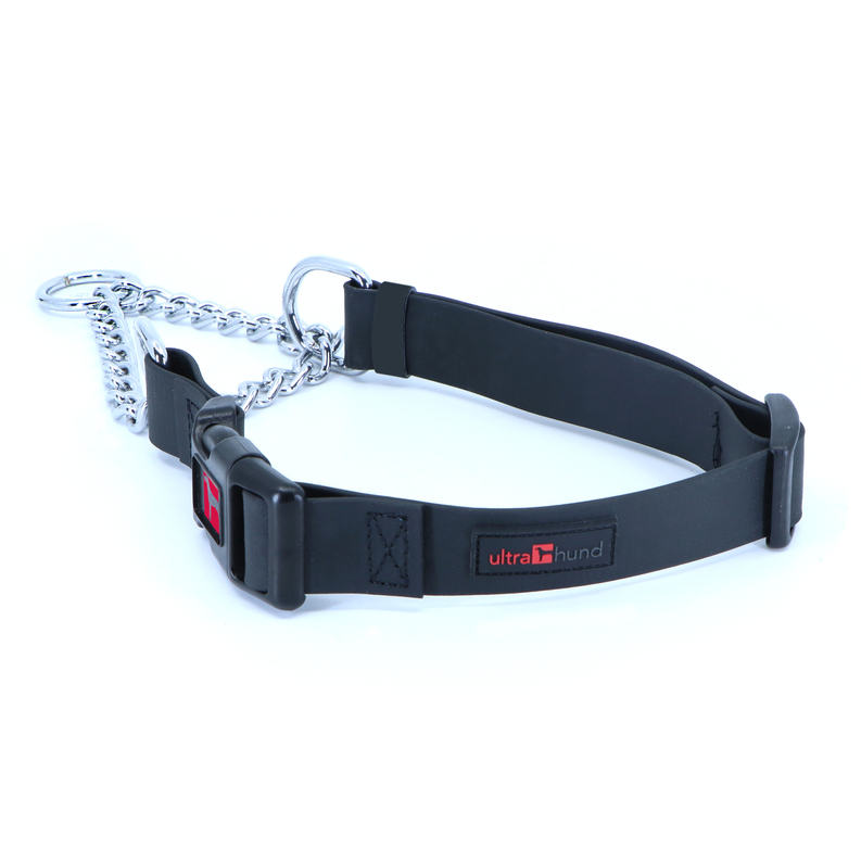 Black martingale dog collar with metal chain and adjustable buckle, ultrahund logo