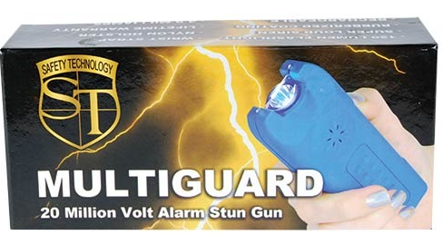 Multiguard stun gun alarm and flashlight product box with blue stun gun shown