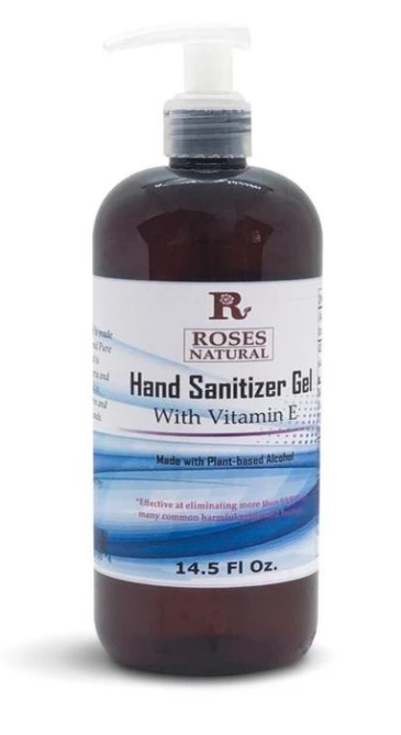 Hand sanitizer gel bottle with pump, Roses Natural label, 14.5 fl oz