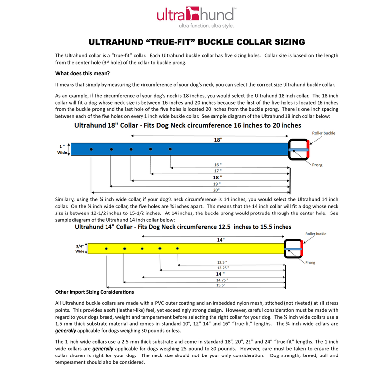 Ultrahund dog collar sizing chart with measurement guide