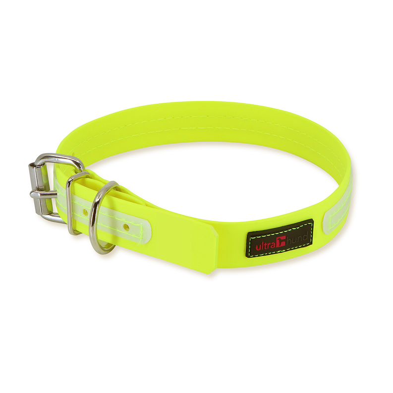 Neon green dog collar with metal buckle and brand patch