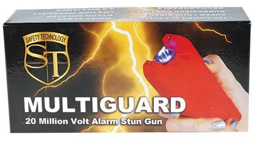 Red MultiGuard stun gun alarm and flashlight retail box with hand holding device