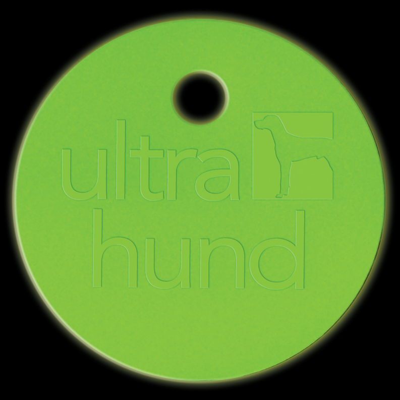 Green glow dog collar tag with ultra hund logo