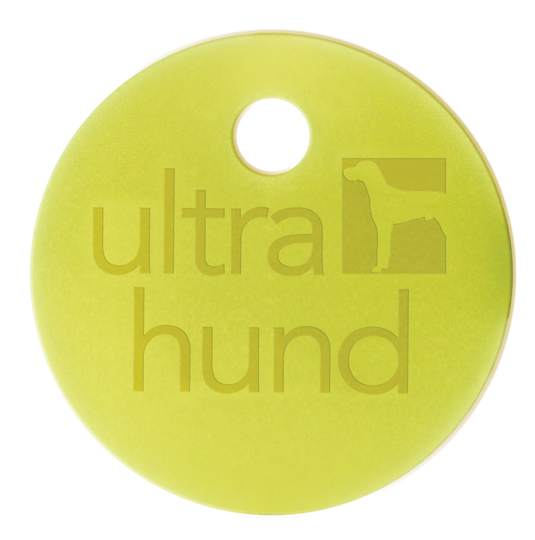 Neon green round dog collar tag with Ultrasound logo imprint